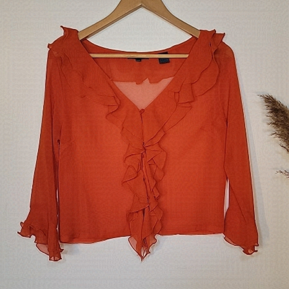 RED Sheer Ruffled collar and sleeve button up 3/4 sleeve. Size M